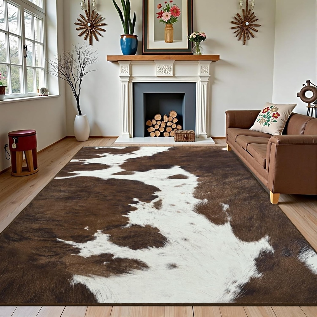 Foxmas Cow Print Rugs for Living Room Bedroom, 6x9 Washable Non-Slip Low Pile Indoor Floor Rug, Carpet for Dining Room Kitchen Office Western Home Decor, Brown