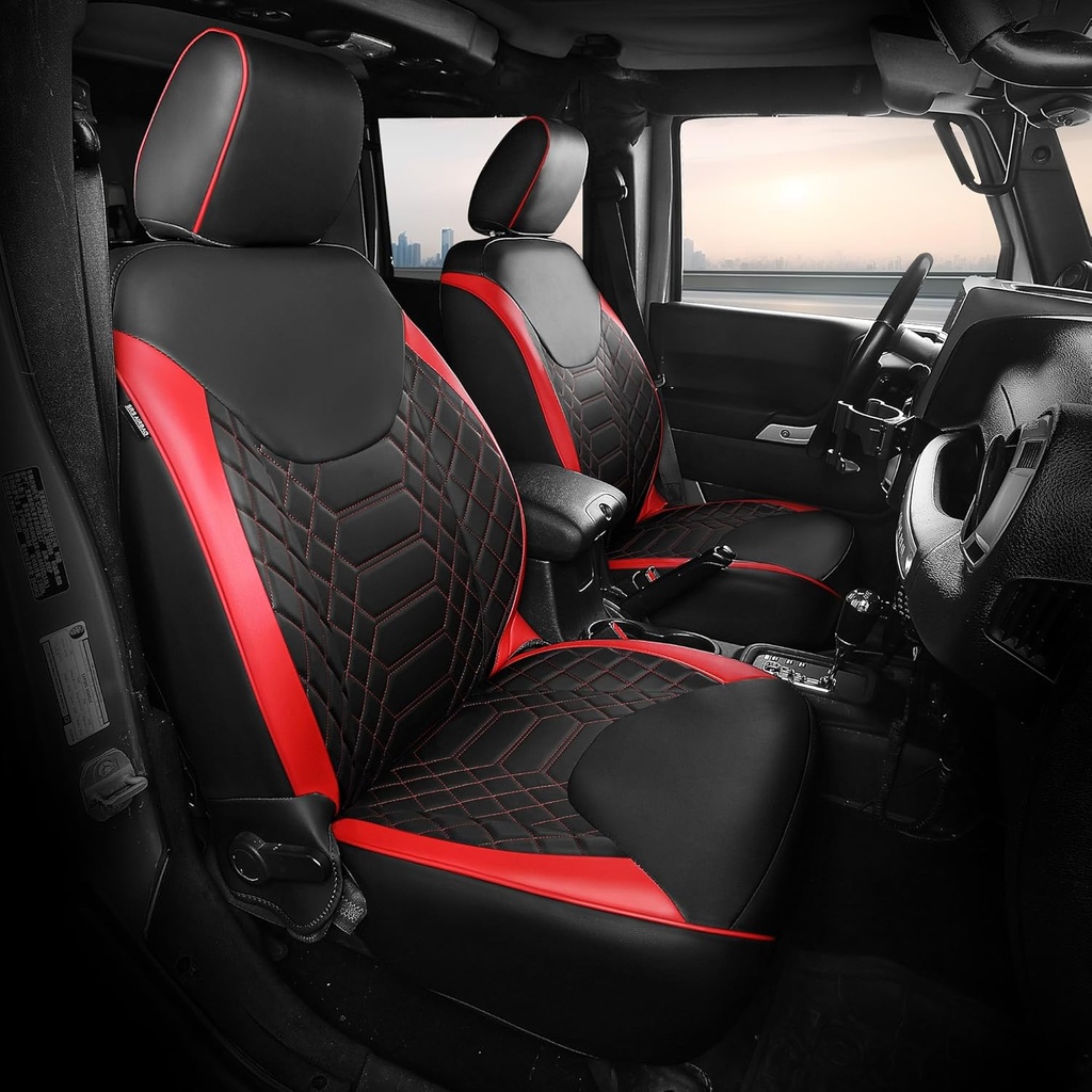 FREESOO Seat Covers for Jeep Wrangler JK 4 Door 2013 2014 2015 2016 2017 1:1 Custom Seat Covers Faux Leather - BLACKGRED