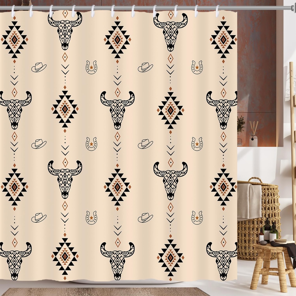 Western Shower Curtain Aztec Geometric Boho Shower Curtains for Bathroom Abstract Vintage Bull Skull Cowboy Hat Horseshoe 72x72 Inch Waterproof Polyester Curtains with Hooks (Aztec Bull Skull)