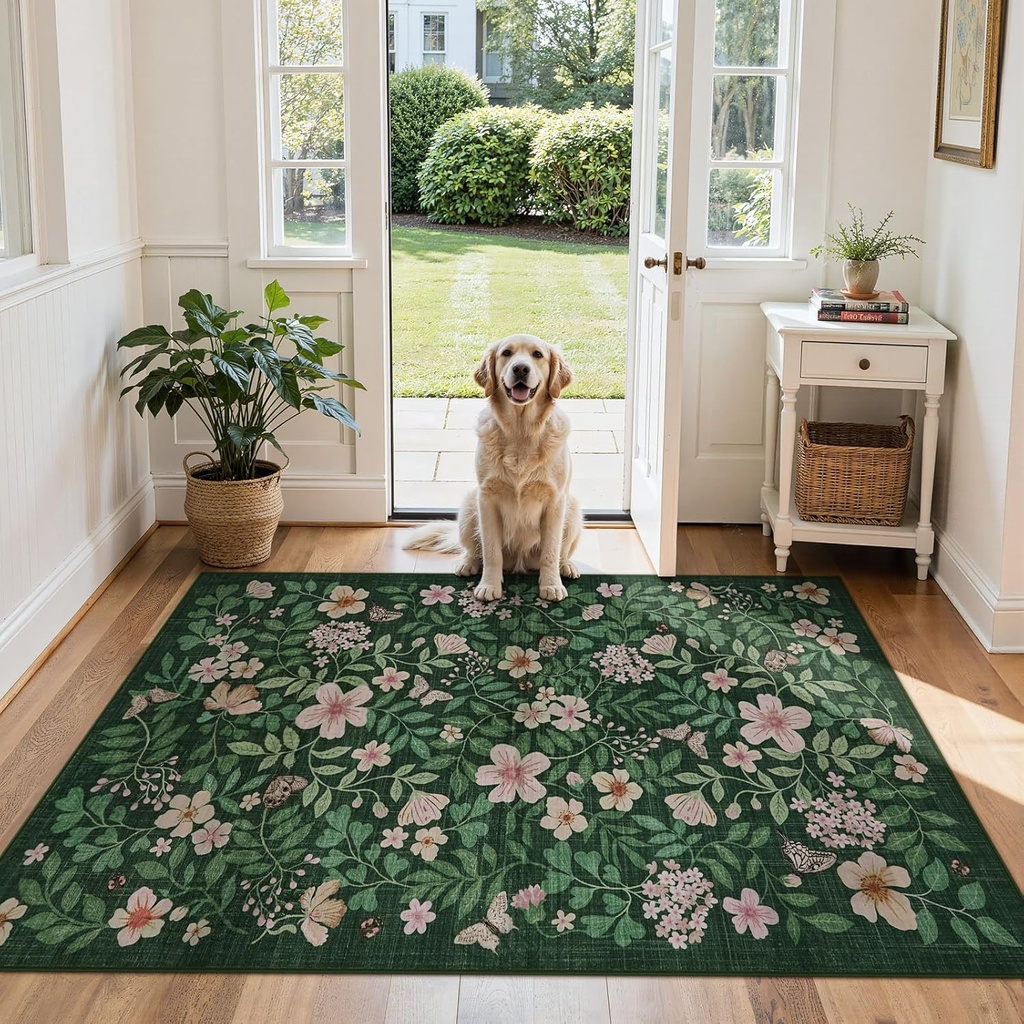 Lahome Washable Rugs 3x5 Entryway, Green Floral Carpet for Kitchen, Non Slip Low Pile Indoor Bedside Rug, Flower Lightweight for Bedroom Living Room Small Spaces（Green,3X5