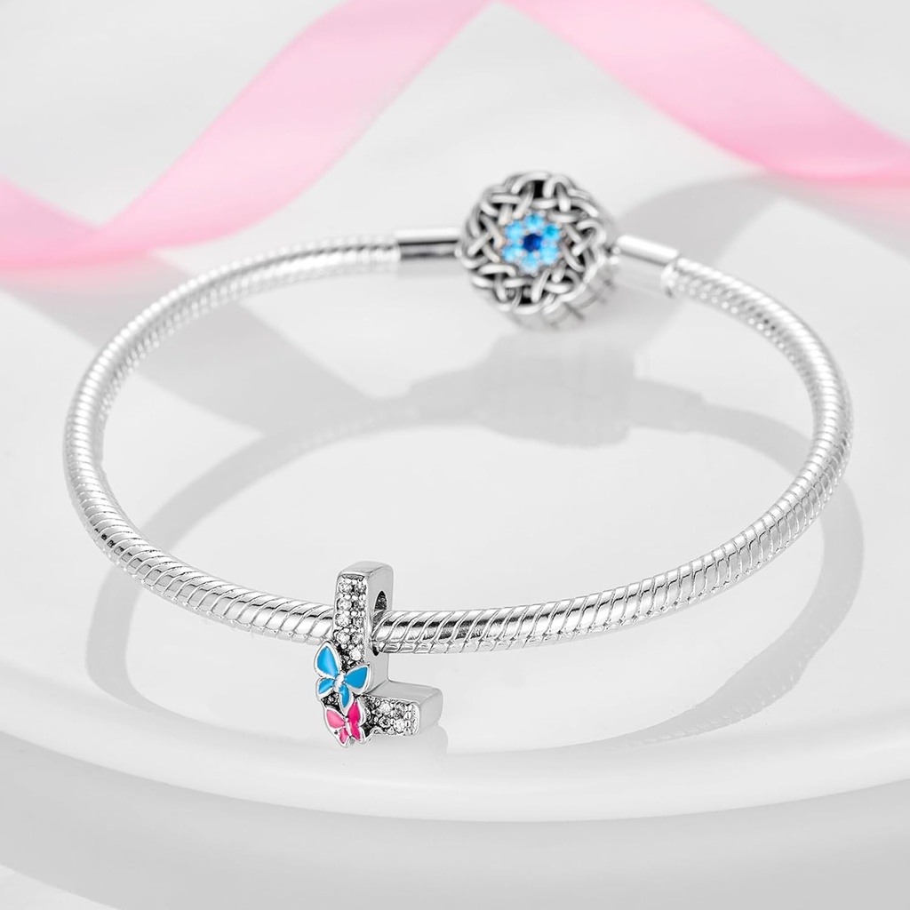 Butterfly-Letter Initial-Alphabet Bead Charms - S925 Sterling Silver A~Z Letters Charms with Cubic Zircon Stones, Butterfly Alphabet Beads fit Pandora Bracelets Valentines Gifts for Wife/Girlfriend Women