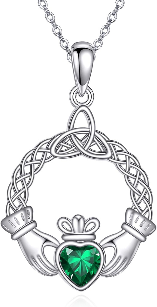 Irish Claddagh Necklace Sterling Silver Green Heart Zircon Trinity Celtic Knot Necklace Irish Claddagh Jewelry Gift for Women