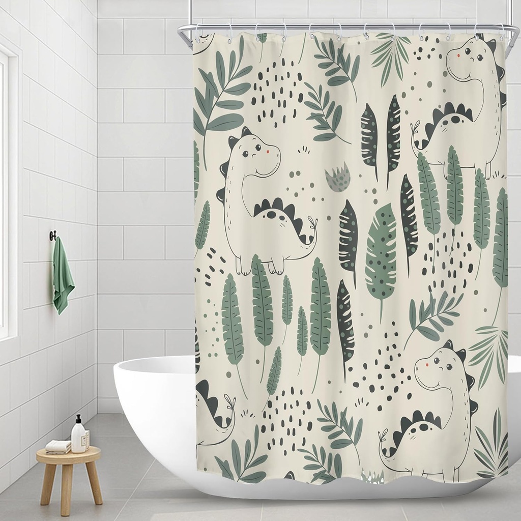 Riyidecor Kids Funny Dinosaur Shower Curtain 48Wx72H Inch Stall Small Cute Green Cartoon Dino Animals Tropical Leaves Plant Beige Lovely Bathroom Decor Fabric Polyester Waterproof 8 Pack Hooks
