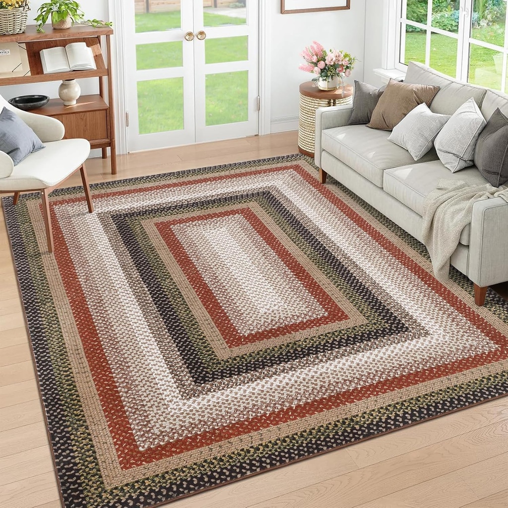 RUGSREAL Braided Washable Area Rug 8x10 Large Rug for Living Room Modern Braid Bedroom Rug Non Slip Stain Resistant Dining Room Throw Carpet Soft Farmhouse Accent Carpet for Home Decor, Crimson/Earthy