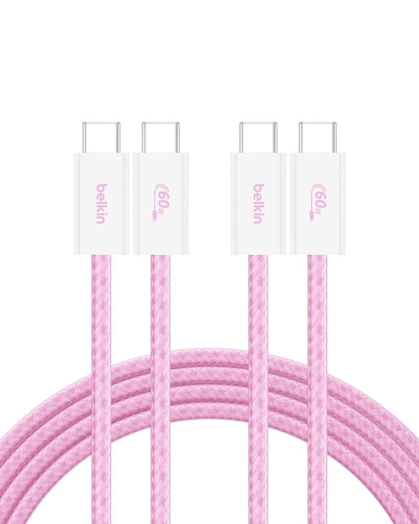 Belkin USB C to USB C Cable 2-Pack, 6.6ft, 60W - Type C Charger, iPhone Charger Cord, Soft, Braided, Flexible for iPhone 17, Galaxy S25, Pixel 10, Airpods, iPad Pro & More, Travel Essentials - Pink