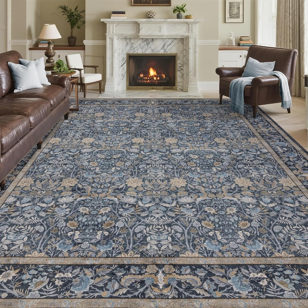 Washable Living Room Rug: 9x12 Boho Floral Soft Area Rug for Bedroom Decor - Vintage Low Pile Thin Carpet for Dining Room Non-Slip - Farmhouse Stain Resistant Rugs - Slate Blue