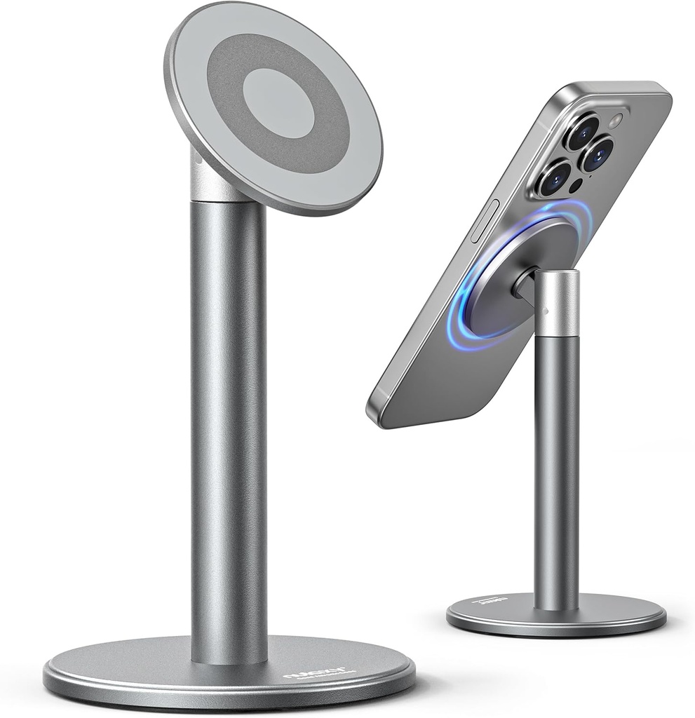 Nulaxy Magnetic Full Aluminum Cell Phone Stand for MagSafe with Metal Ring, 360 Rotating Phone Stand for Desk, Office Desk Accessories, Adjustable Phone Holder Compatible with All Phones, Gray