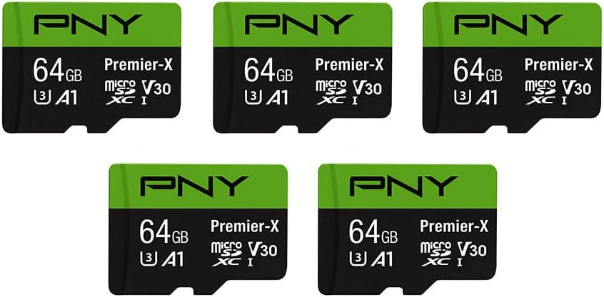PNY 64GB Premier-X Class 10 U3 V30 microSDXC Flash Memory Card 5-Pack - 100MB/s, Class 10, U3, V30, A1, 4K UHD, Full HD, UHS-I, Micro SD