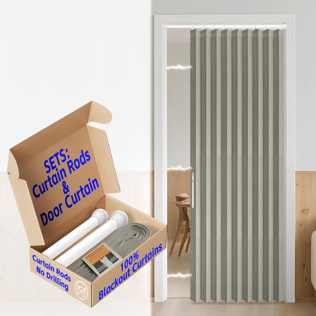 AJAZZ 100% Blackout Accordion Doors Interior Invisible Folding Door for Bedroom Living Room Doorway Curtain Sets (1 Pack, 44 W x 78 L, Grey+Rod)