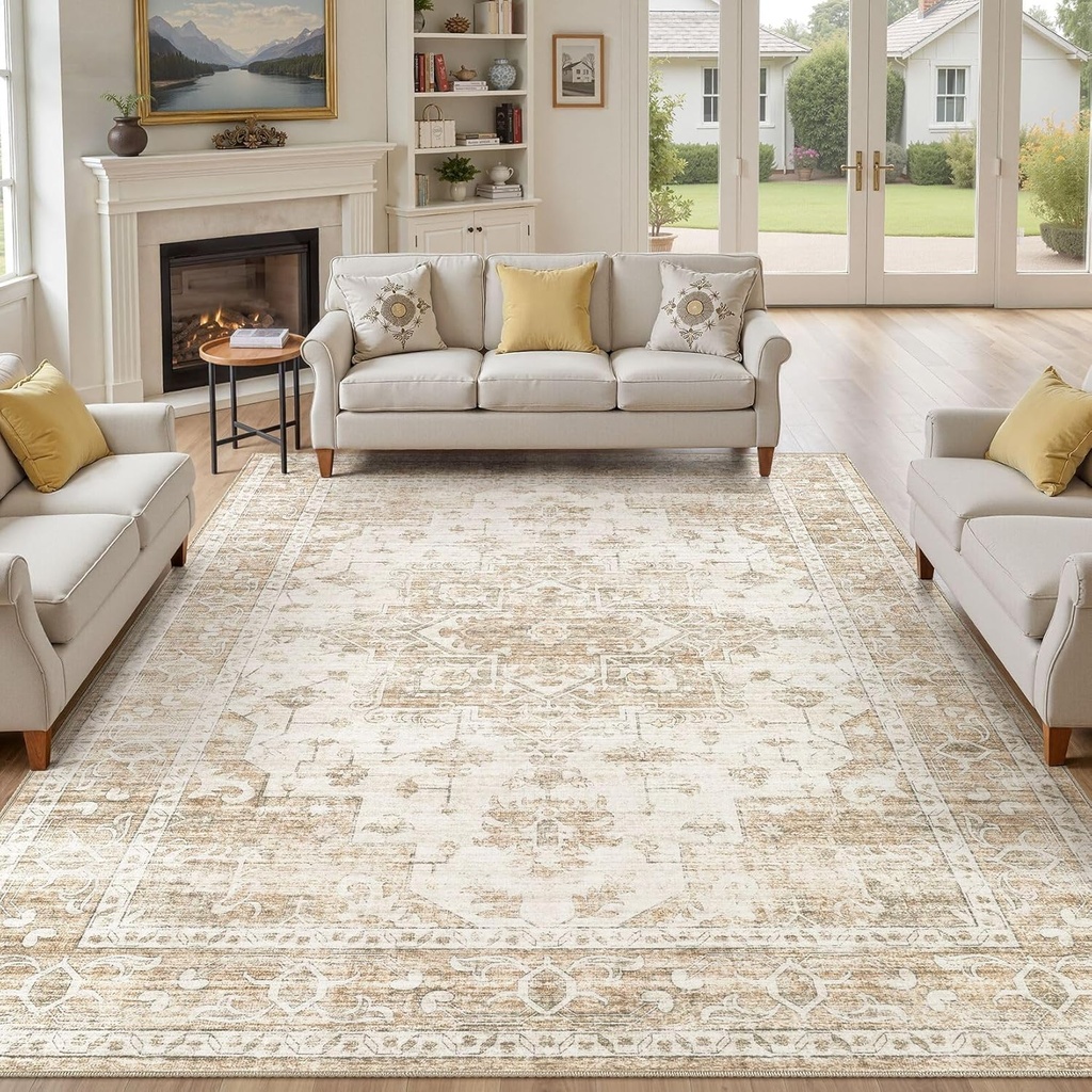 Washable Area Rugs 8x10, Soft Large 8x10 Rugs for Living Room Non-Slip Vintage Beige Indoor Carpet Stain Resistant Rugs for Dining Room Bedroom Nursery Kid & Pet Friendly
