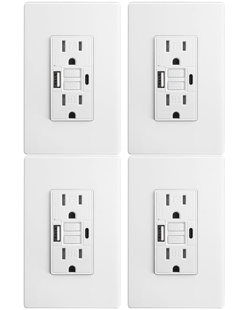 SURAIELEC 15 Amp GFCI Outlet with USB-C & USB-A Ports, Self-Test GFCI Electrical Outlet Combination with USB, Tamper-Resistant GFCI Outlet, Screwless Wall Plate Included, ETL Listed, White, 4-Pack