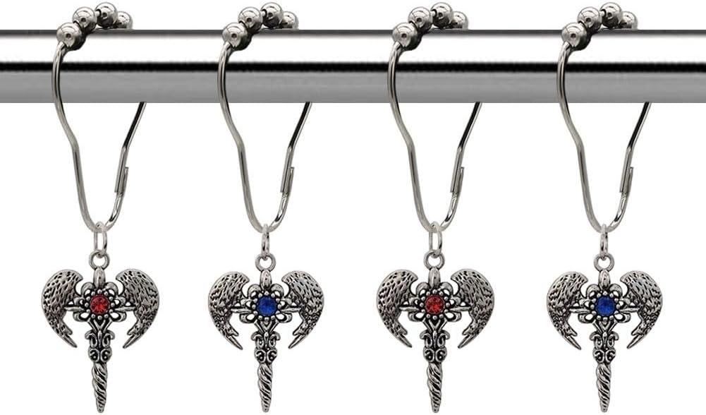 Stainless Steel Shower Curtain Hooks Set of 12 with Angel Wings Cross Decorative Bathroom Shower Rod, Rust Proof Shower Hook Ring for Gothic Punk Themed Bathroom Decoration, Bedroom, Living Room
