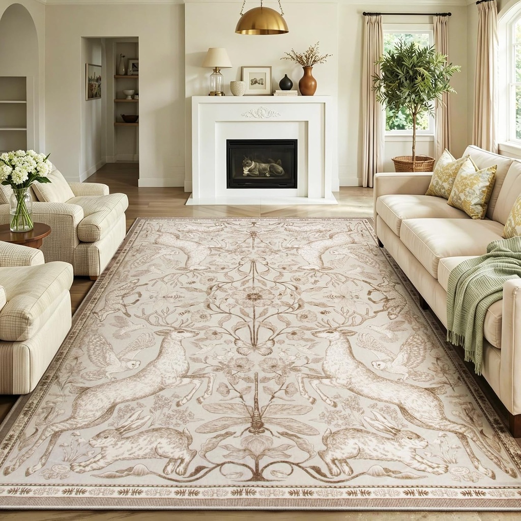 Lahome 8x10 Area Rug for Living Room, Dorval Washable Boho Deer Rug, Earthy Botanical Non Slip Low Pile Large Carpet for Bedroom Dining Room Office Nursery Farmhouse Home Decor Beige