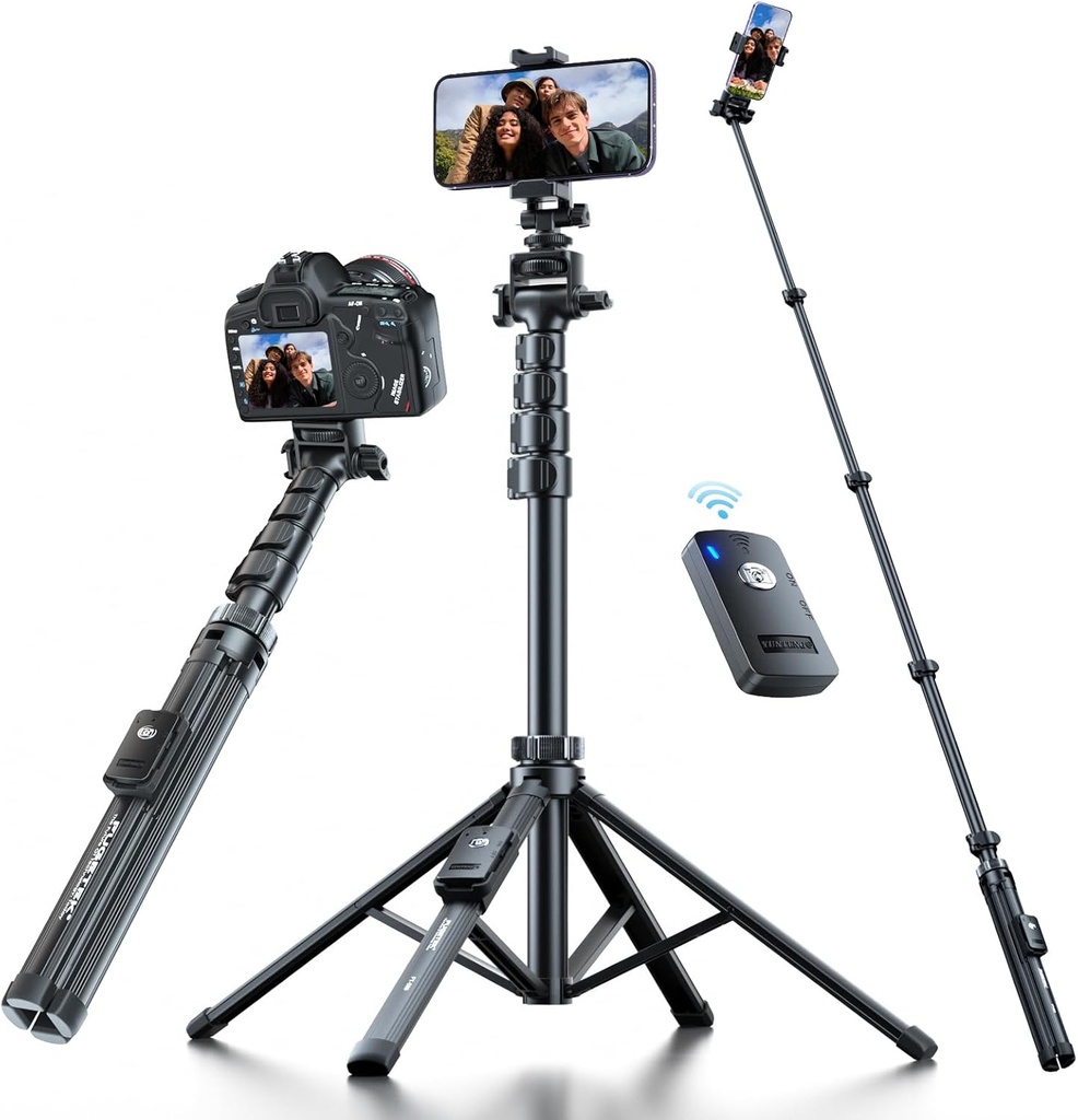 Fugetek 62" Professional Cell Phone Tripod, Ultra Stable 4 Leg Design, Bluetooth Remote, 100% All Aluminum Stick & Legs, Portable All in One, 360° Phone Mount with 2 Cold Shoe Slots, Non Skid Feet