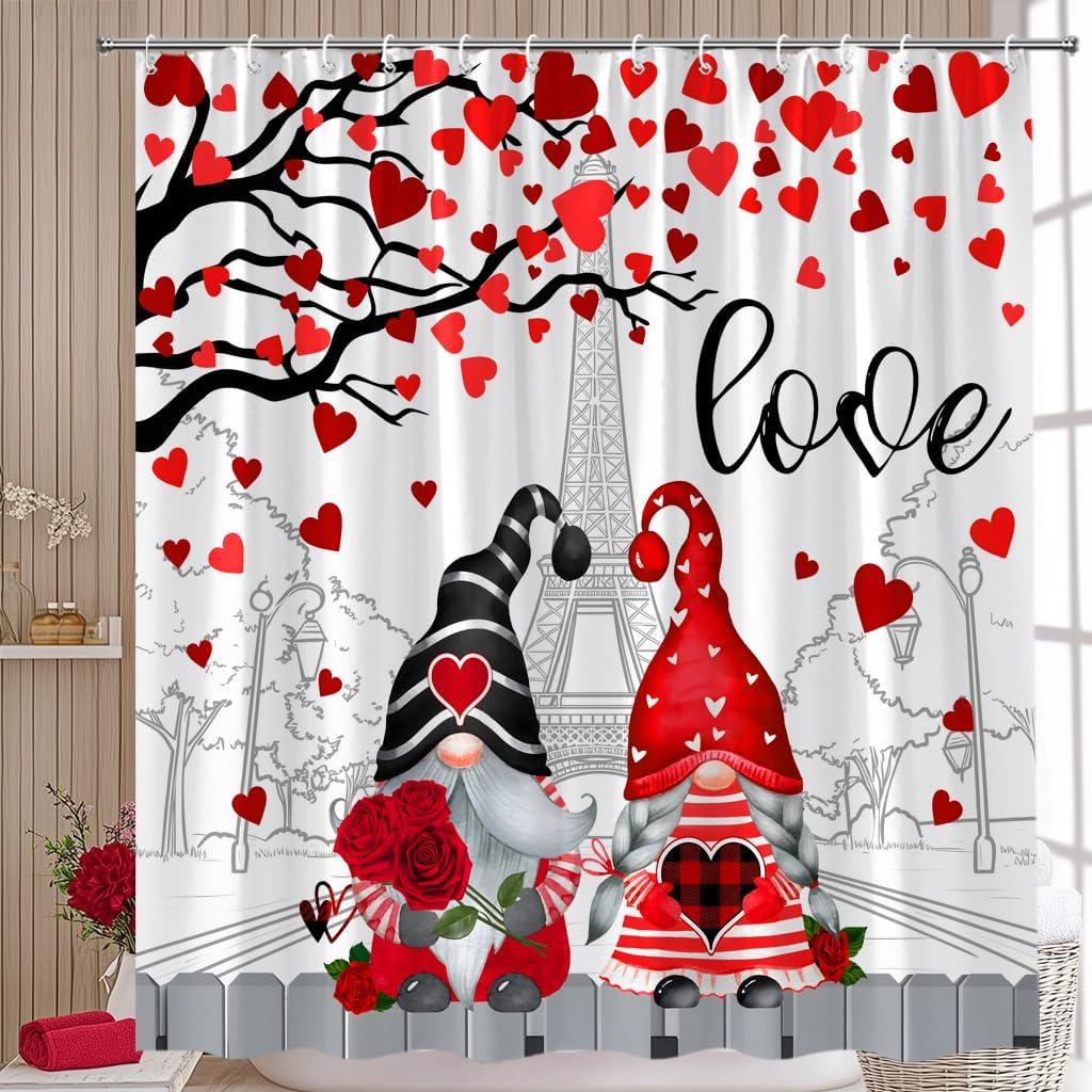 Valentines Gnome Shower Curtain Red Heart Tree Love Paris Eiffel Tower Romantic Sweet Couple Fabric Bathroom Curtain Set with Hooks(70" WX70 H)