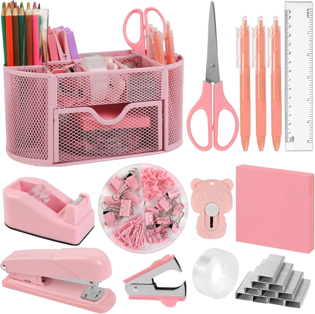 Pink Office Supplies for Desk,14pcs Desk Sets and Accessories, Office Supply Kit with Mesh Desktop Organizer and Stapler,Staple Remover, Staples,Tape Dispenser,Sticky Tabs,Scissors, Ruler