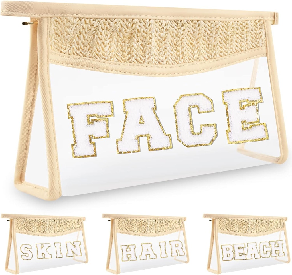 Boho Clear Makeup Letter Patch Makeup Bag FACE Pouch, Clear Toiletry Bag Travel Small Cute Preppy Chenille Letter Cosmetic Zipper Pouch Purse, Transparent Waterproof Makeup Clutch Bag for Women(FACE)