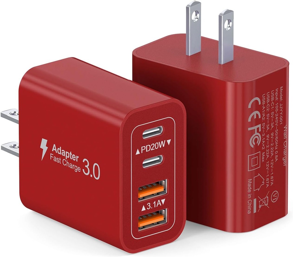40W USB C Wall Charger, 2-Pack Super Fast Charging Block PD+QC 4 Port Charger Cube for iPhone 16,iPad Pro/Mini/Air, iPod Nano, iPod Touch, Switch, Smart Phone, Smartwatches and Tablet(Red)