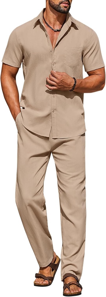COOFANDY Men's Linen Sets 2 Piece Beach Outfit Casual Short Sleeve Button Down Shirts Loose Pants Summer Vacation Outfits