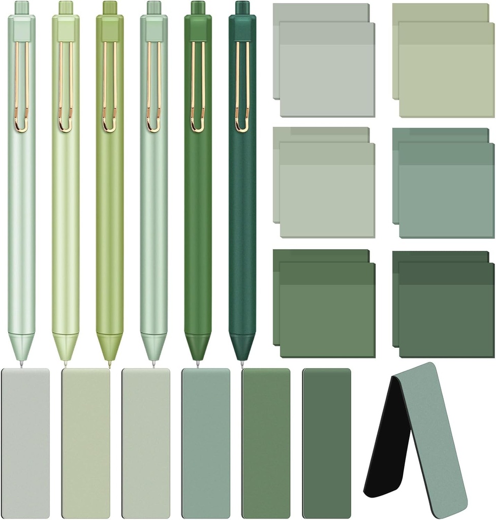 18 Pcs Back to School Sage Green Supplies Back to School Stationery Set with 6 Sticky Notes and Retractable Black Ink Pens 6 Magnetic Bookmarks Green Desk Accessories for Office Supplies