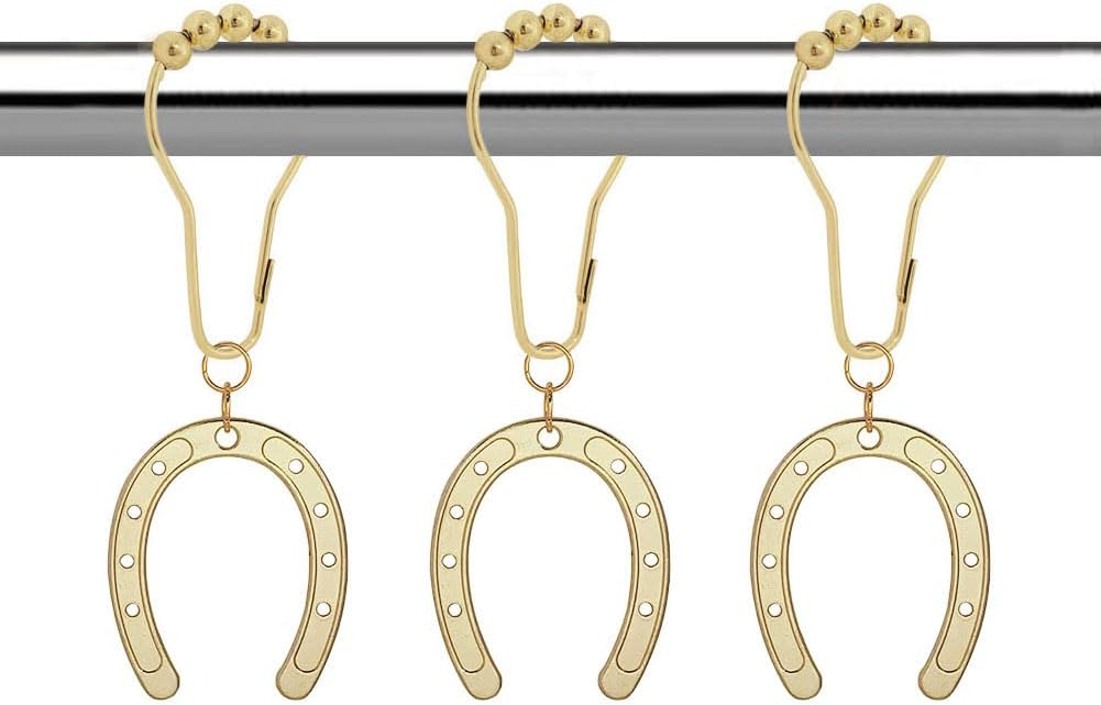 Gold Horseshoe Curtain Hooks Rings, 12 Pcs Rust Proof Decorative Cowboy Shower Hook for Western Country Vintage Cowgirl Bathroom Decor, Bedroom, Living Room Home Curtain Hangers (Gold)