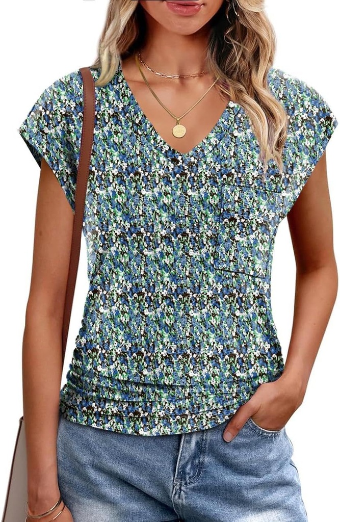 BKRIVE Eyelet Womens Tops Cap Sleeve V Neck T Shirts for Women Summer Shirts