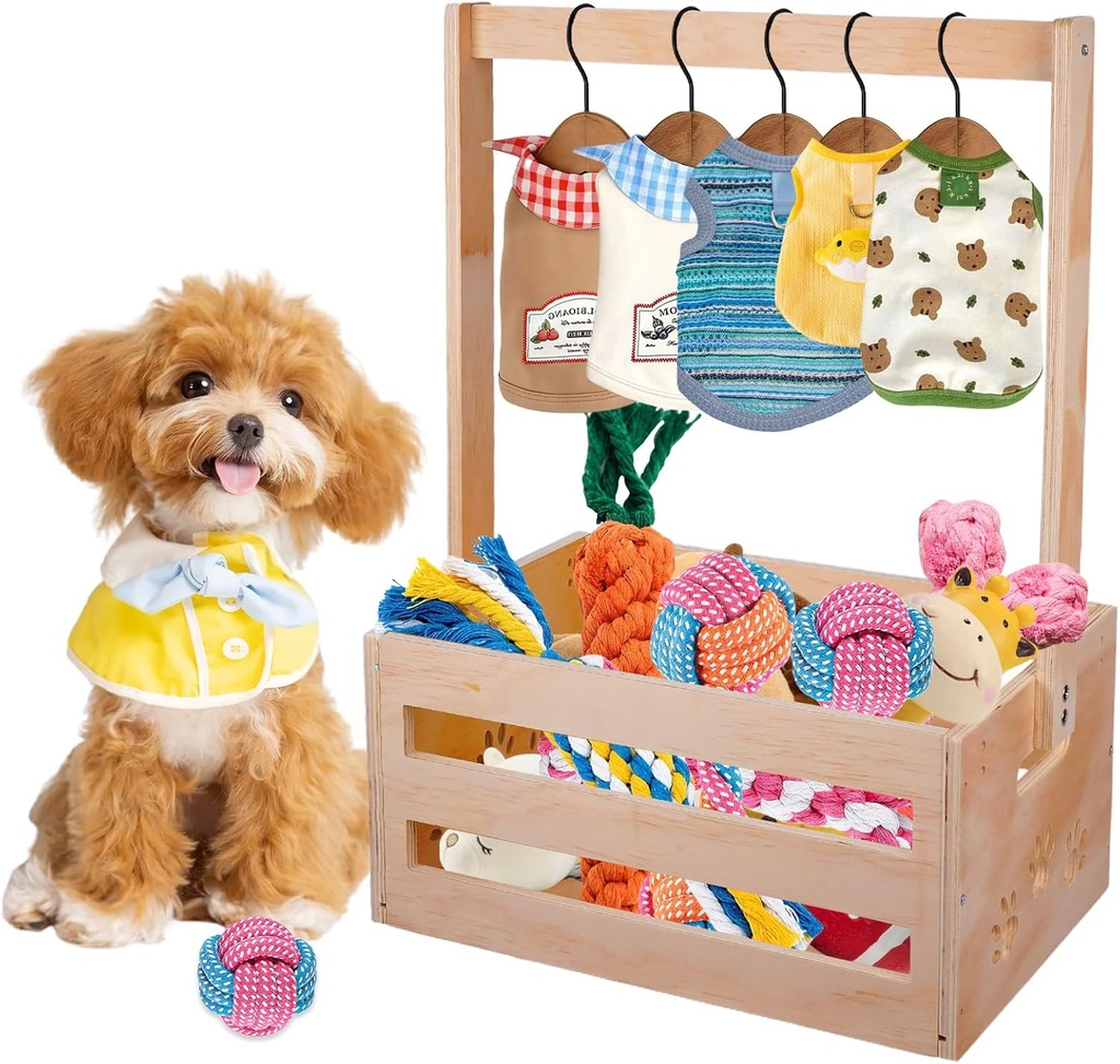 20" x 13" x 9" Wooden Pet Toy Organizer - Multi-Use Dog & Cat Closet and Wardrobe with Hanging Rods, Dog Toy Storage Box, Basket for Dog Toys, Ideal for Dog Cat Toys Clothes Accessories