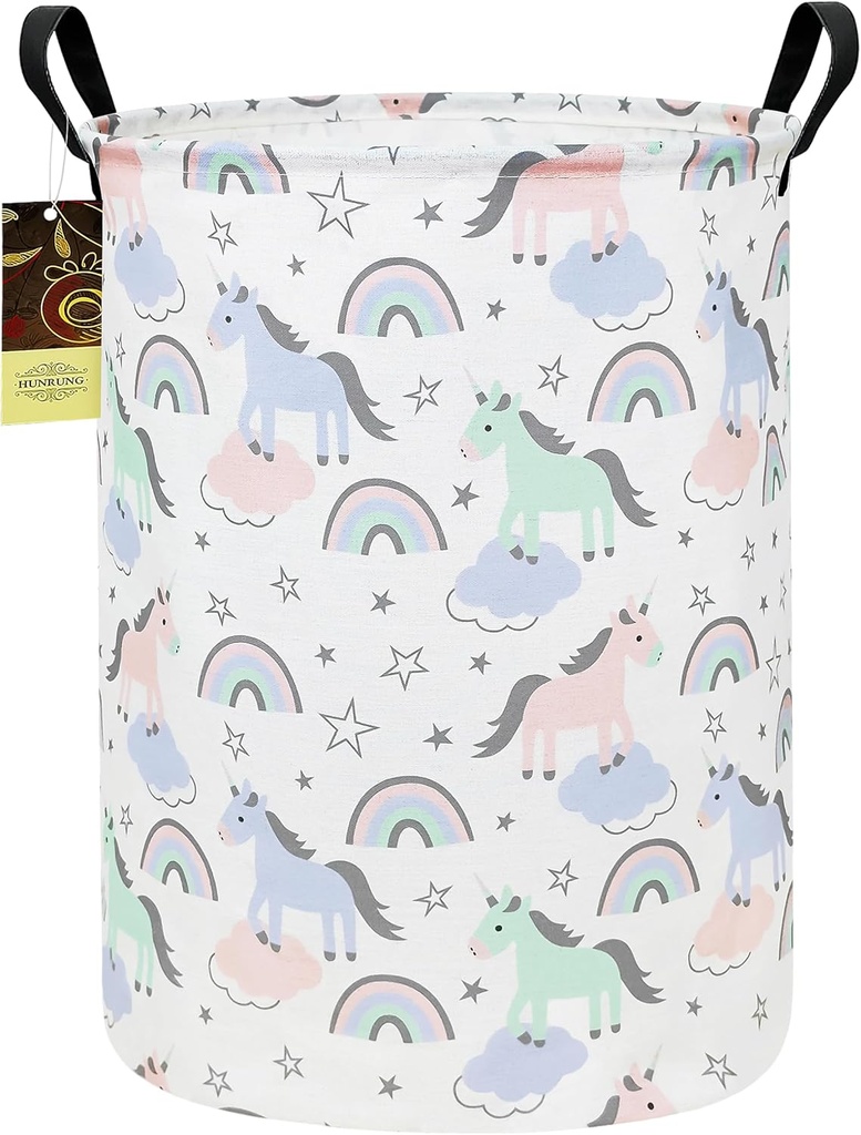 HUNRUNG Laundry Hamper,Large Canvas Fabric Lightweight Storage Basket Toy Organizer Dirty Clothes Collapsible Waterproof for College Dorms（Round-Star Unicorn）
