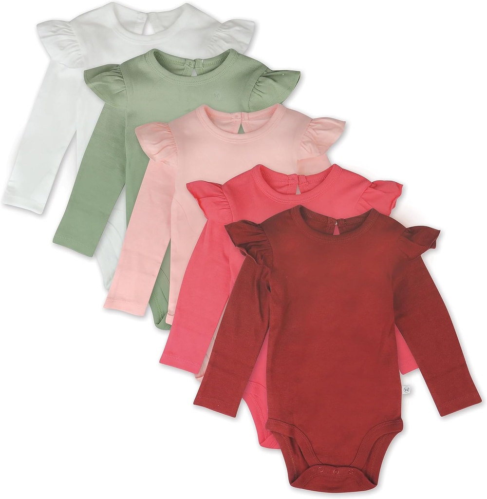 HonestBaby Baby Girls' 5-pack Long Sleeve Ruffle Shoulder Bodysuits 100% Organic Cotton for Infant Baby Girls