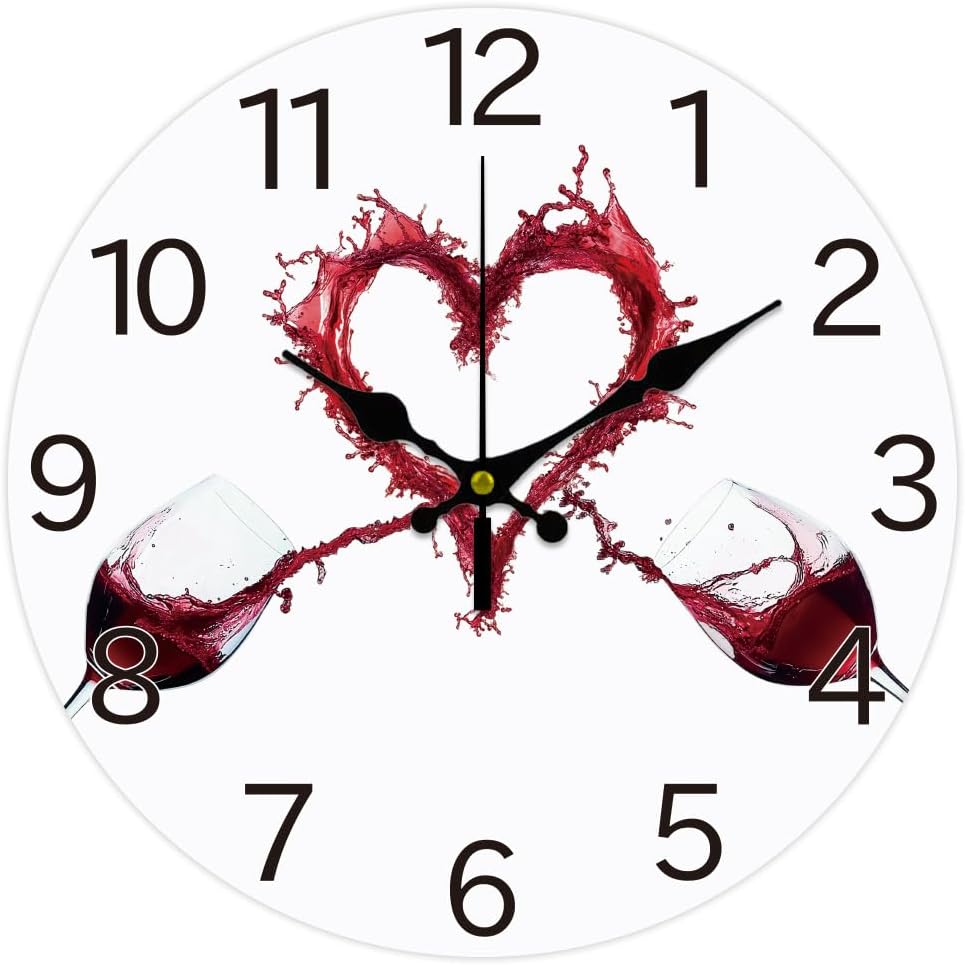 CHGCRAFT 12inch Red Wine Glass Wall Clock Battery Operated Silent Non Ticking Round Decorative Clock for Office Home Living Room Bedroom Bathroom Kitchen Decor