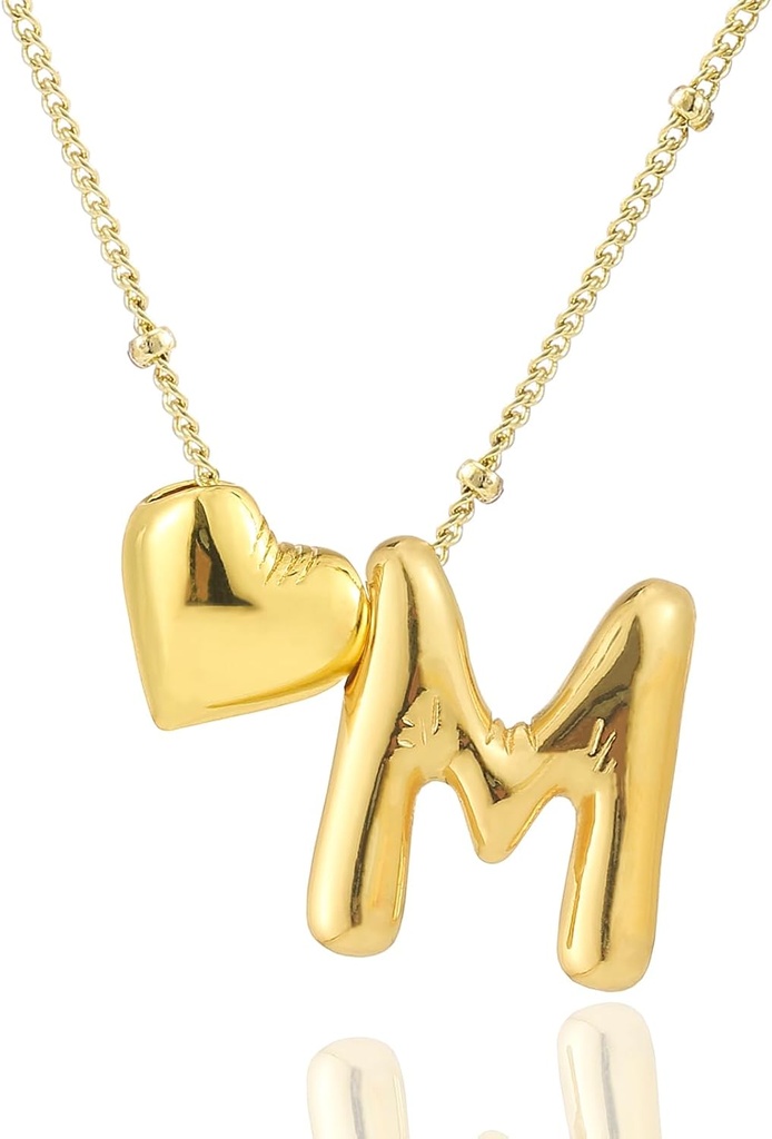 CCINPPY Heart Letter Necklace, 14k Gold Plated Initial Dainty Necklace for Women, Chunky Bubble Balloon Charm Pendant Name Personalized Jewelry Gift