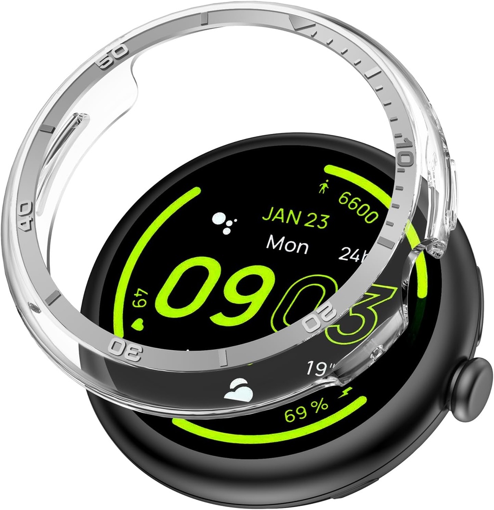 AMANECER Rugged PC Case with Metal Bezel for Pixel Watch 3 41MM, Anti-Scratch Armor Bumper Cover Edge Ring Compatible with Google Smartwatch 2024, Stylish Shockproof Clear Hard Shell - Silver