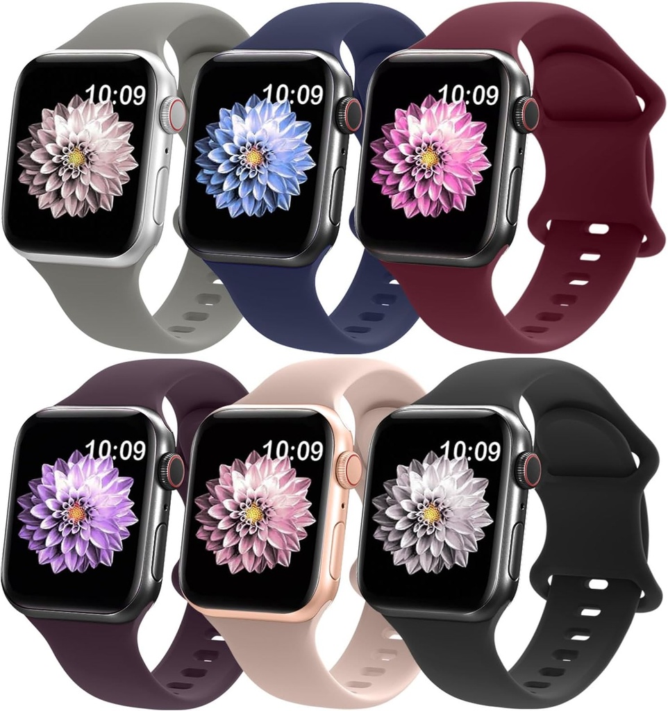 6 Pack Liquid Silicone Sport Bands Compatible with Apple Watch Band 38mm 40mm 41mm 42mm 44mm 45mm 46mm 49mm Women Men, Waterproof Soft Wristband for iWatch Series 10 9 Ultra 8 7 6 5 4 3 2 1 SE