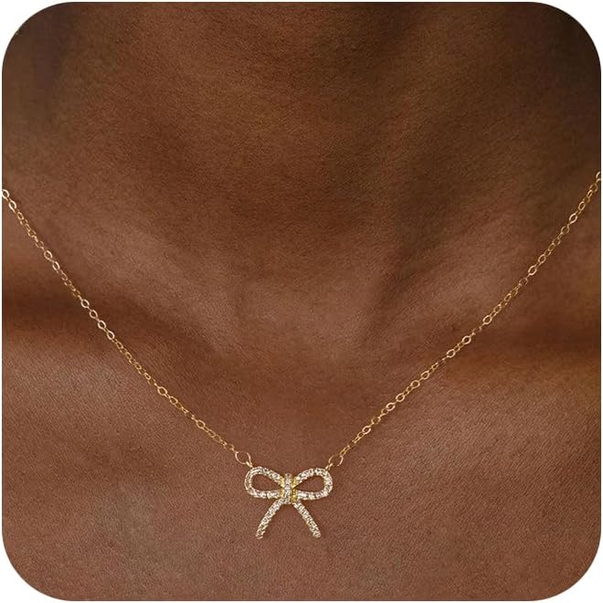 Gold Necklace for Women Dainty Bow Necklace 14K Gold Plated Neckalce Tiny Bow Pendant Choker Chain Trendy Cute Bowknot Necklace Jewelry for Gift