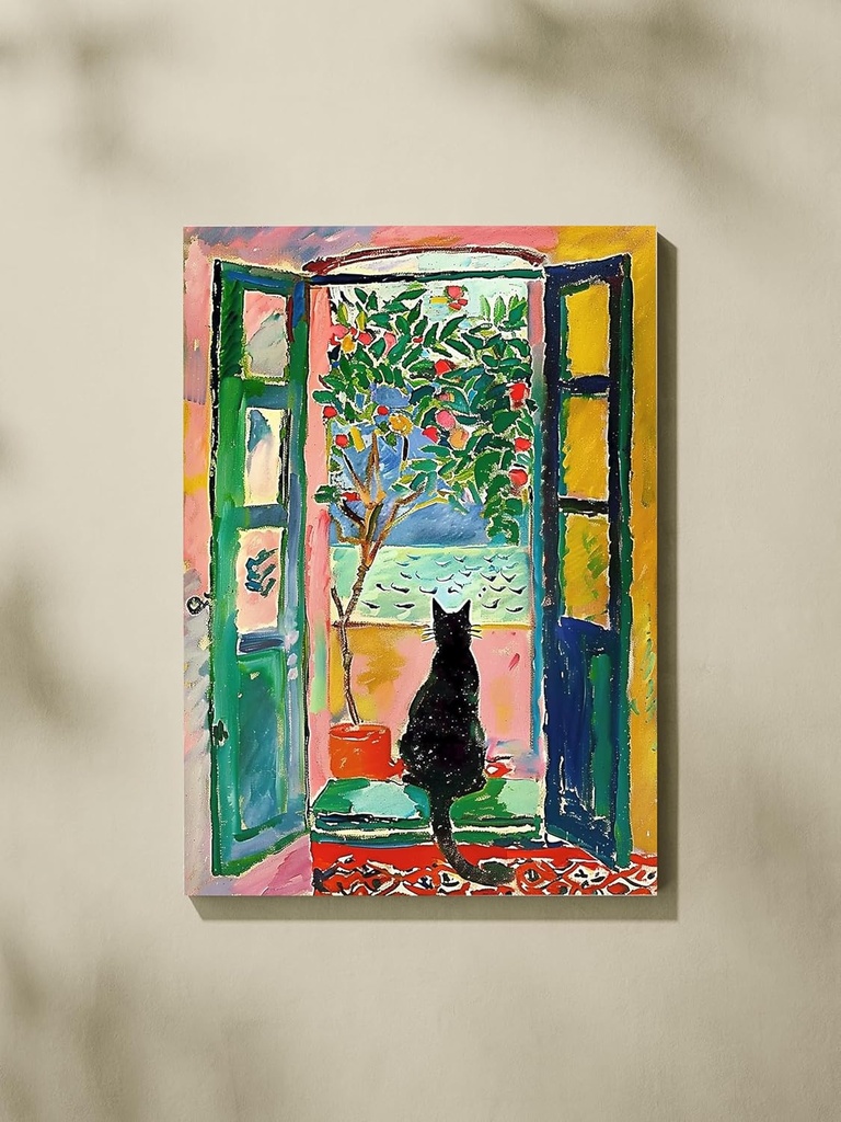 ALMLZL Henri Matisse Wall Art Cat in Famous Henri Matisse The Open Window Paintings Prints Original Design Cute Impressionist Prints Funny Cat Wall Decor Framed and Ready to Hang- 16x24inch/40x60cm