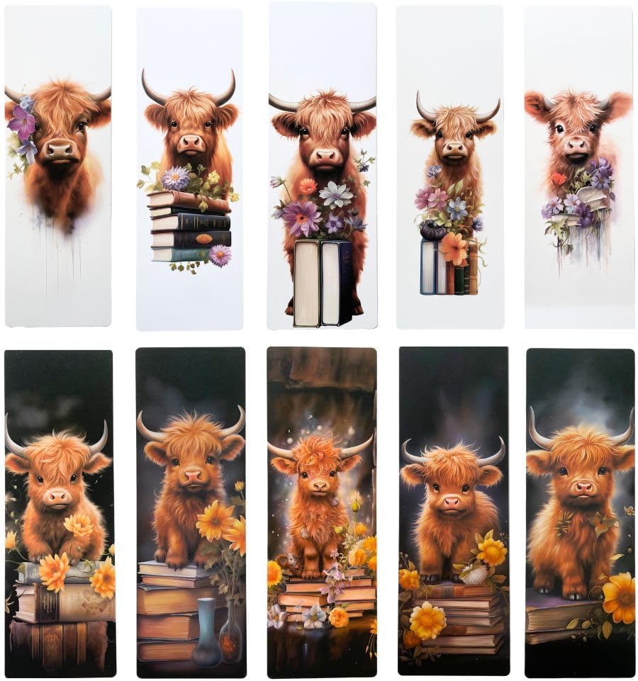 Highland Cow Bookmarks 10PC Page Markers for Book Lovers Teacher Office Stationery Supplies Animal Bulk Gift Set Fun Office Reading Accessories Bookish Bookworm Adults Women