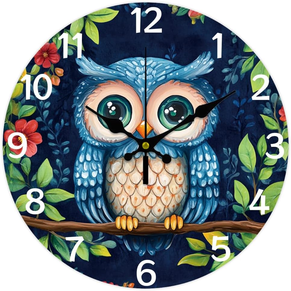 CHGCRAFT 12 Inch Owl Wall Clock Cartoon Owl Wall Clocks Battery Operated Silent Non Ticking Wall Clock Modern Decorative Clock for Home Living Room Kitchen Bedroom Office