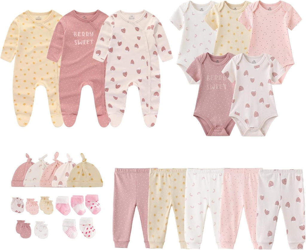 MAMIMAKA Newborn Layette Gift Set 27-Piece Baby Girl Clothes Bodysuits, Pants Essentials and Accessories 0-12Months
