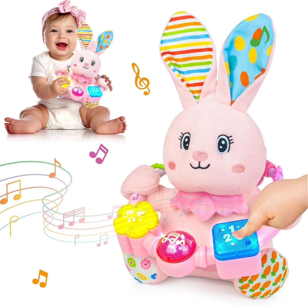 Baby Bilingual Musical Rabbit Stuffed Animals Toys,Infant Early Learning Toy with Light-Up Music & Crinkle,Tummy Time Toys for 0 3 6 9 12+ Months for Baby Boy Girl Easter Gift,Pink