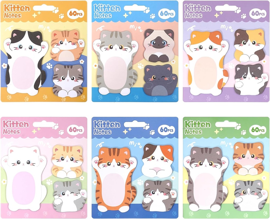 Cute Kitten Cat Shaped Sticky Notes Set - 6 Kawaii Animal Memo Note Pads with Cartoon Cats Design - 360 Sheets Themed Stationery Notepad for School, Office Supplies, Gifts for Cat Lovers