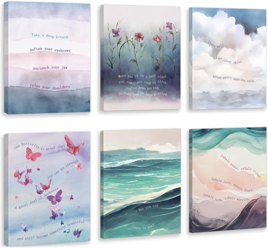 HOURIA Framed Watercolor Mental Health Canvas Wall Art Inhale Exhale Wall Decor,8x10 Set of 6 Therapist Psychologist Office Decor Inspirational Art Print for Bedroom,Calming Corner,Counseling Room