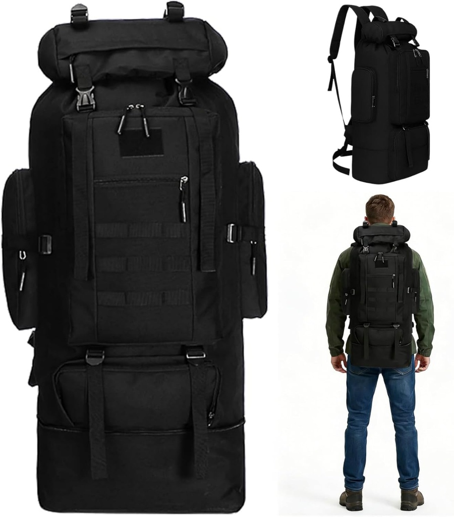 Goaste 100L Camping Hiking Backpack, Molle Military Tactical Rucksack, Waterproof Large Travel Daypack, Adjustable Survival Hunting Sports Bag for Men and Women Hiking, Camping, Touring(Black)