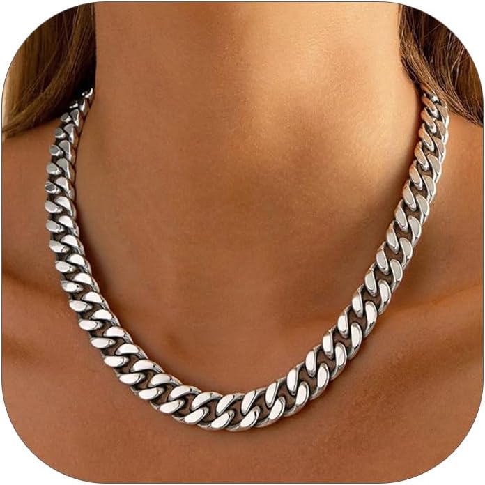 ChainsHouse Chunky Cuban Link Chain Necklace for Women, Stainless Steel Gold Chain Necklace, 5/12/14mm Width Hip Hop Cuban Chain Choker for Women Men Jewelry Gifts