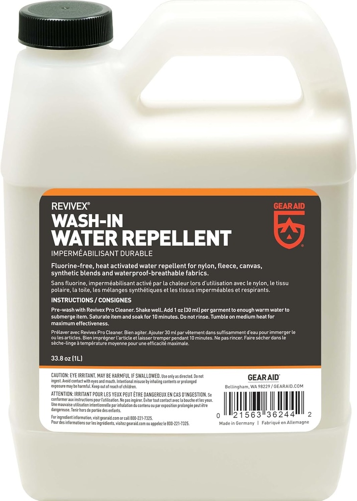 GEAR AID Wash-in Water Repellent, Long-Lasting Waterproofing for Snow and Rain Outdoor Gear, Concentrated Formula, Durable Protection Against The Elements, 1 Liter (33.8 fl oz)