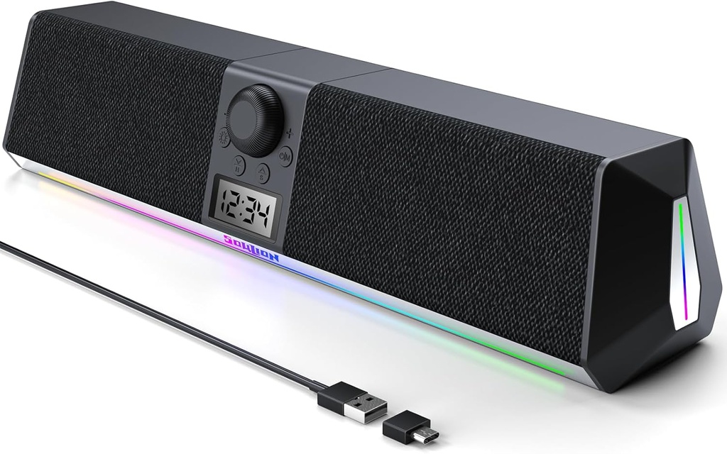 SOULION R80 Bluetooth Computer Speakers, USB Plug & Play PC Speakers with Digital Clock Display, Clear Sound Soundbar with Colorful LED Lights for Desktop Monitor Laptop (USB Adapter Included)