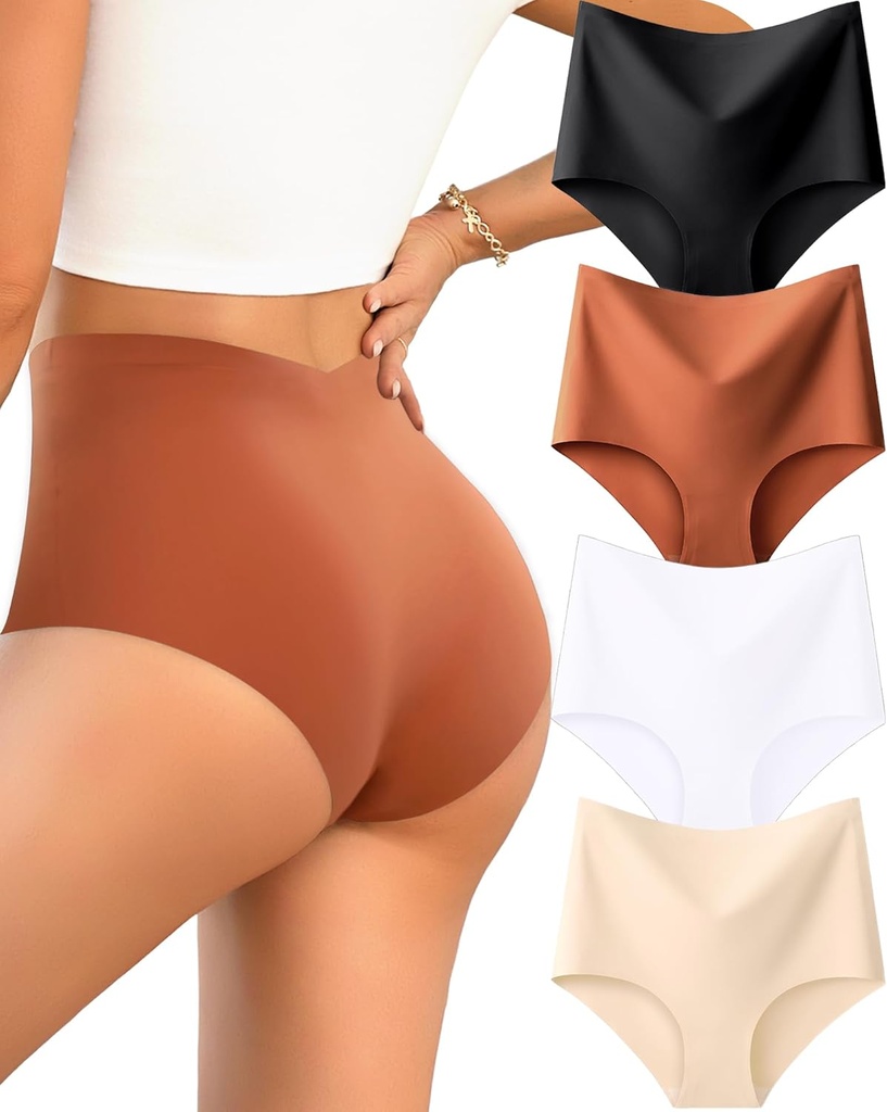 UNDER THE SEA Seamless Underwear for Women High Waisted V-shaped Back Briefs Soft No Show Womens Panties 4 Pack S-XXL