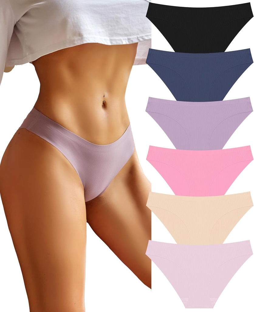 FINETOO 6 Pack Women’s Underwear Seamless Bikini Panties Low Rise Cheeky Underwear Stretch Hipster Brief for Ladies