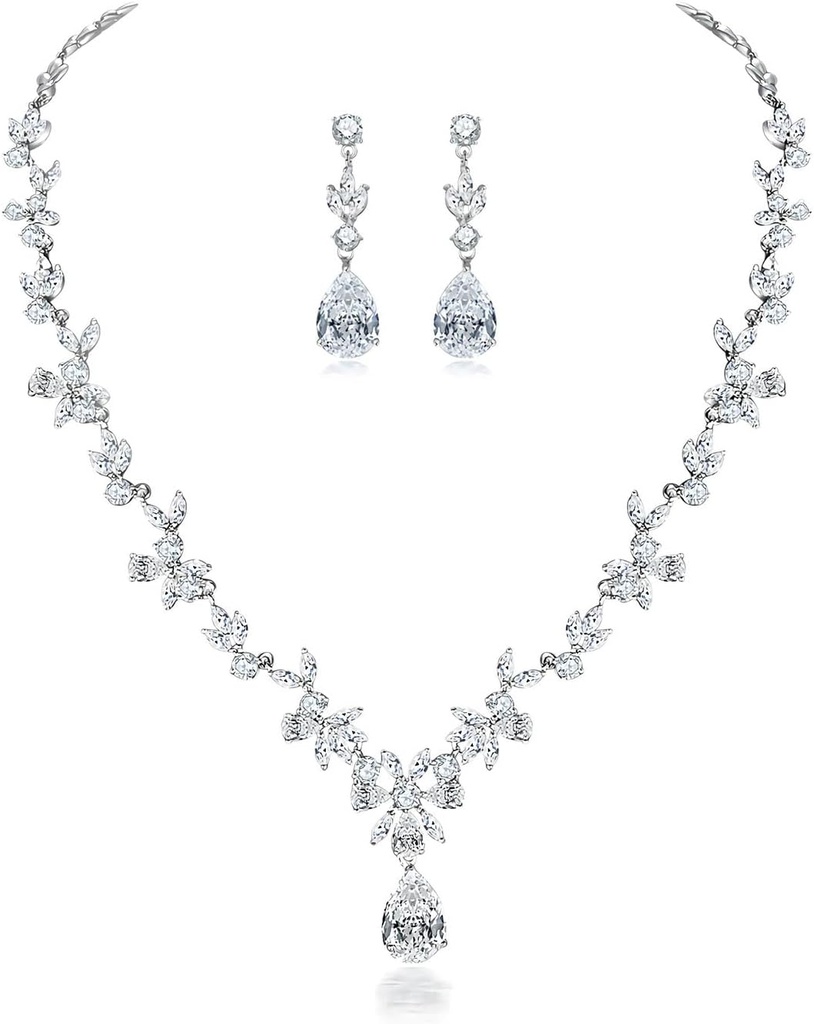 Hadskiss Jewelry Set for Women, Necklace Dangle Earrings Bracelet Set with White AAA Cubic Zirconia, Allergy Free Wedding Party Jewelry for Bridal Bridesmaid