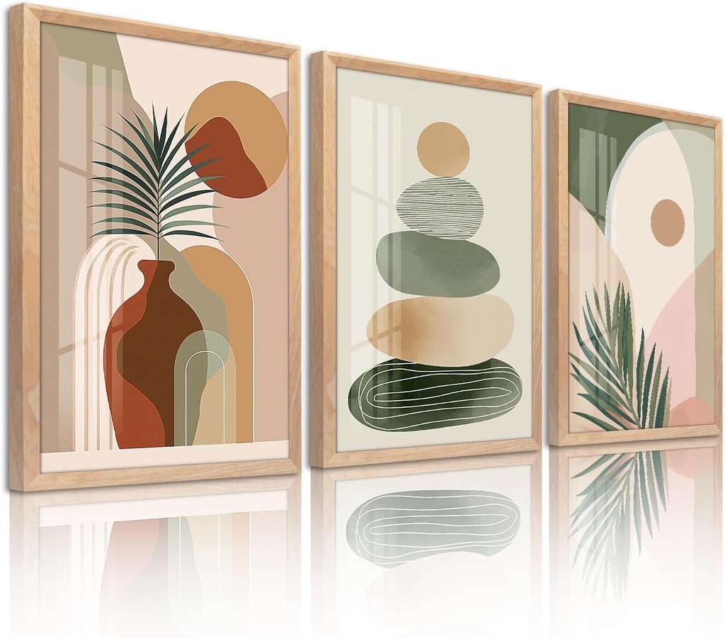 Sage Green Boho Wall Art, Framed Wall Decor for Living Room, 3 Piece Wall Art Decor, Mid Century Modern Minimalist Wall Art for Bedroom, Dining Room, Hotel, Office 24X36IN