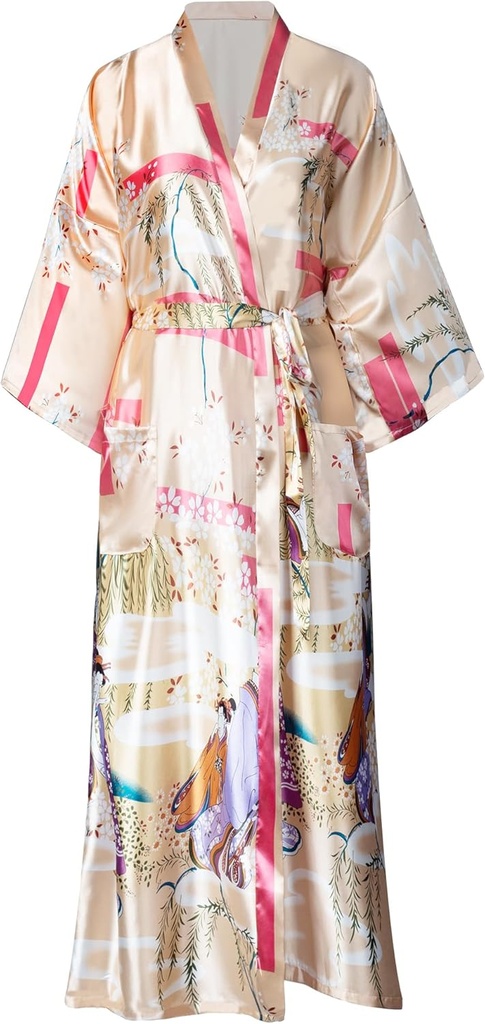 VintageClothing Women's Plus Size Satin Kimono Robes Long Floral Silky Loungewear Patterned Sleepwear Dressing Gown